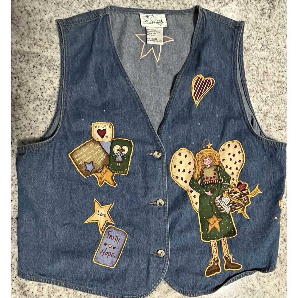 Vintage The Quacker Factory Denim Vest Womens L Angel Hearts Faith Hope Applique